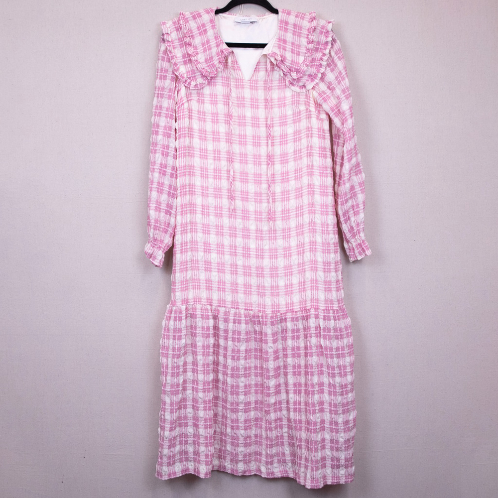 Lost Ink double collar pink and white smocked midi dress-10